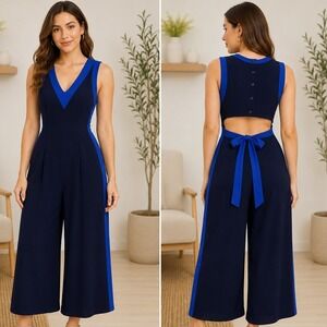 Elevenses Jumpsuit Womens 2 Navy Blue Colorblock Wide Leg Cutout Back Cropped